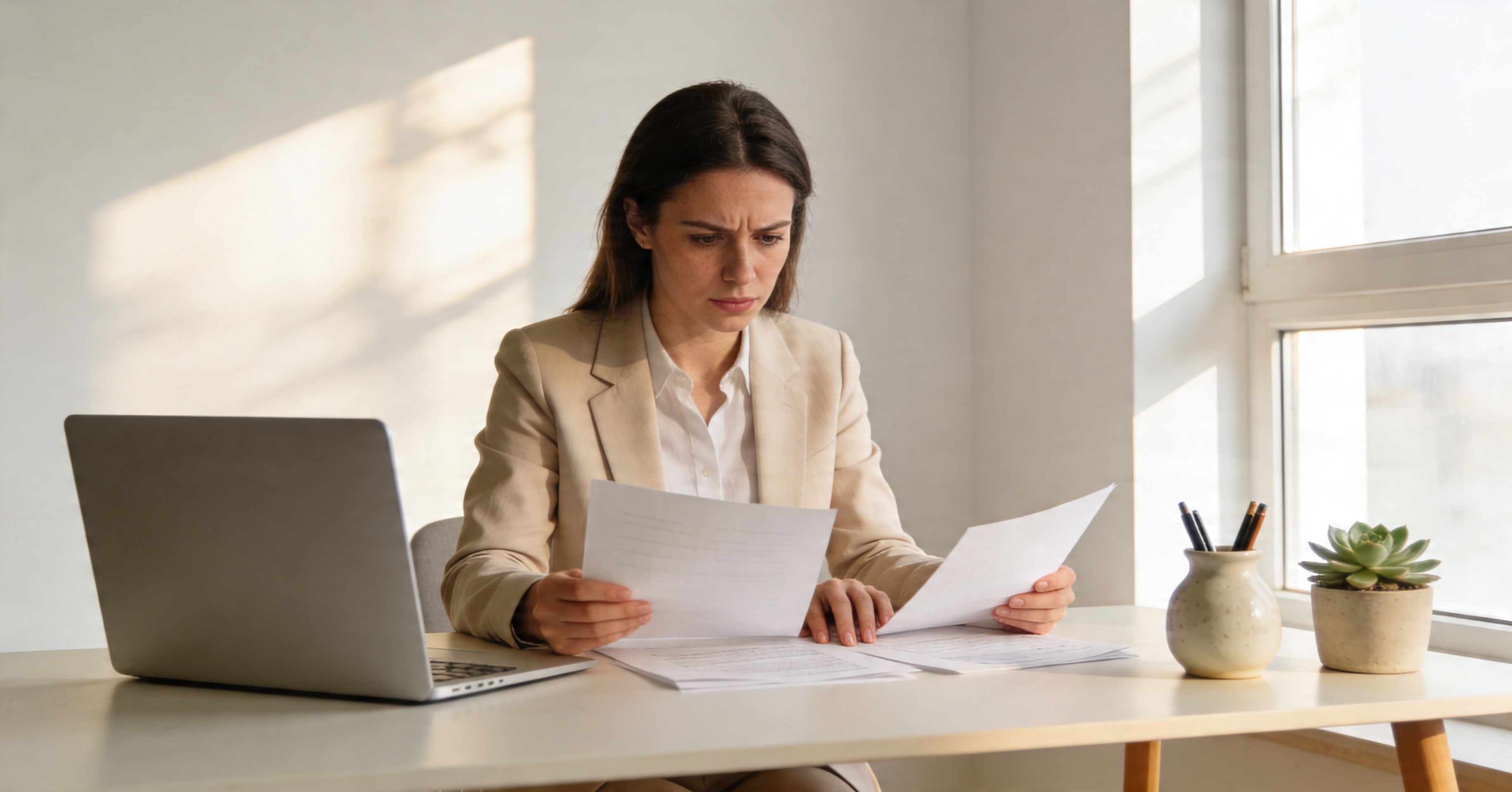 Kobieta analizuje dokumenty finansowe w domowym biurze